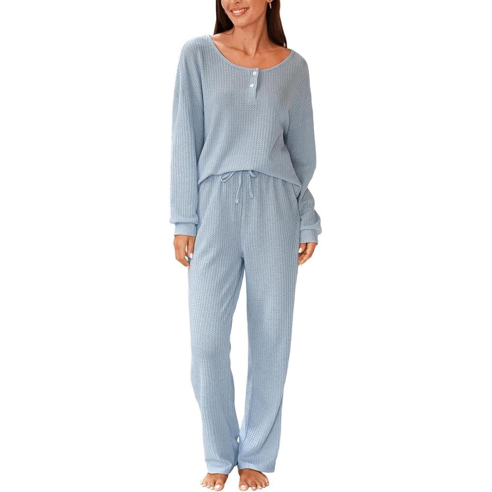 imageCUPSHE Women Waffle Knit Pajamas Set Long Sleeve Partial Button Soft 2 Piece Lounge Pjs SetsBlue