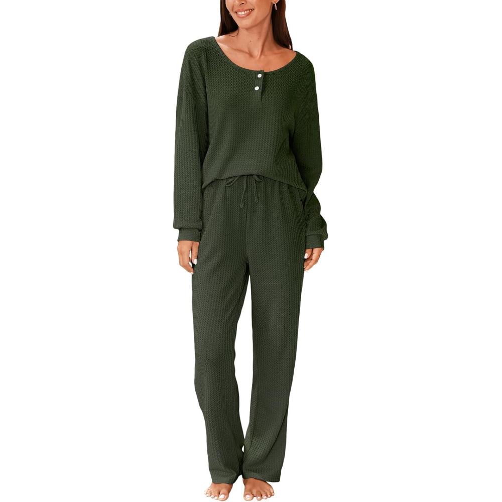 imageCUPSHE Women Waffle Knit Pajamas Set Long Sleeve Partial Button Soft 2 Piece Lounge Pjs SetsGreen