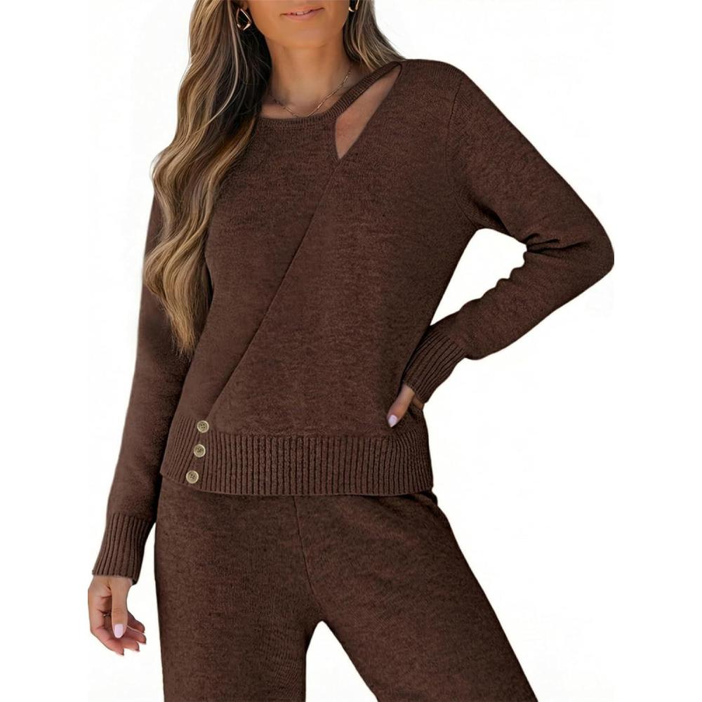 imageCUPSHE Womens Asymmetrical Cut Out Sweaters Fall Wrap Crewneck Sweater Long Sleeve Pullover Ribbed Knit TopsBlack Brown