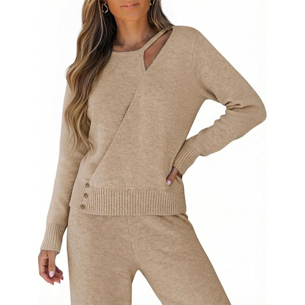 imageCUPSHE Womens Asymmetrical Cut Out Sweaters Fall Wrap Crewneck Sweater Long Sleeve Pullover Ribbed Knit TopsKhaki