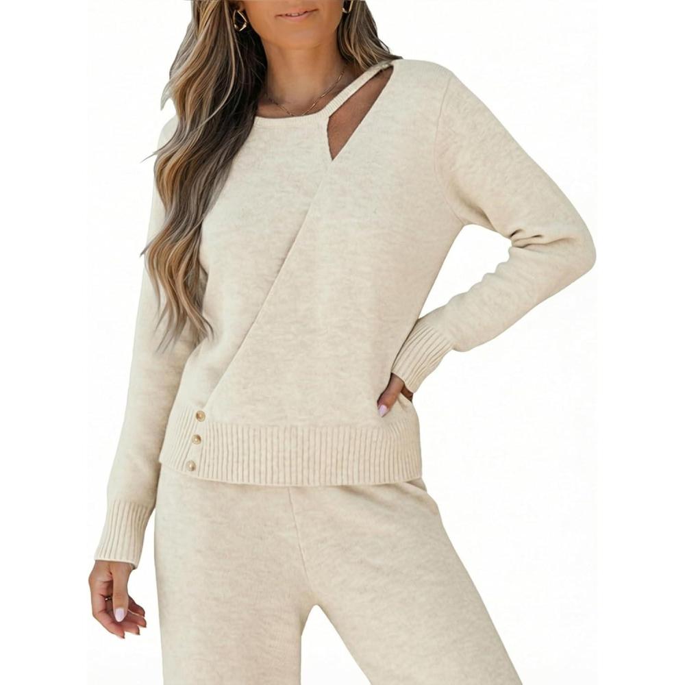 imageCUPSHE Womens Asymmetrical Cut Out Sweaters Fall Wrap Crewneck Sweater Long Sleeve Pullover Ribbed Knit TopsWhite