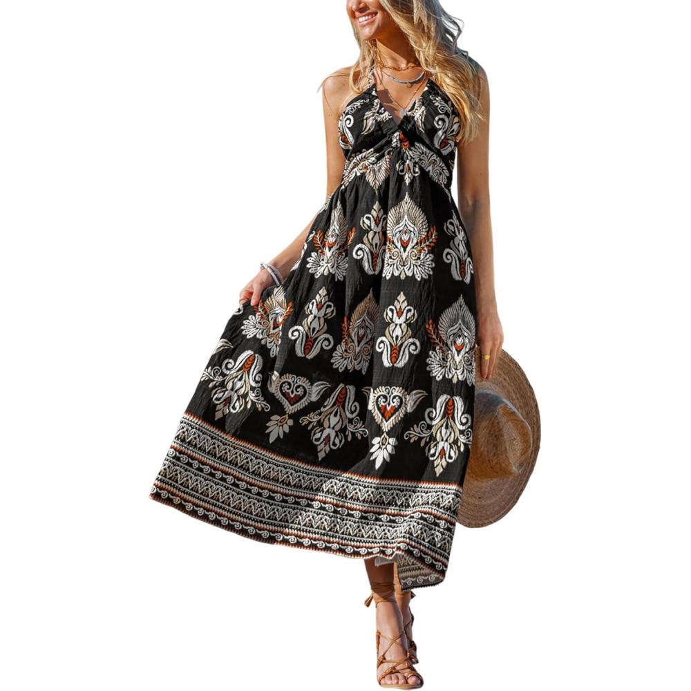imageCUPSHE Womens Backless Beach Dress Halter Neck Ruffle Plunge V Neck Sleeveless Maxi Sundress Summer DressesBlack