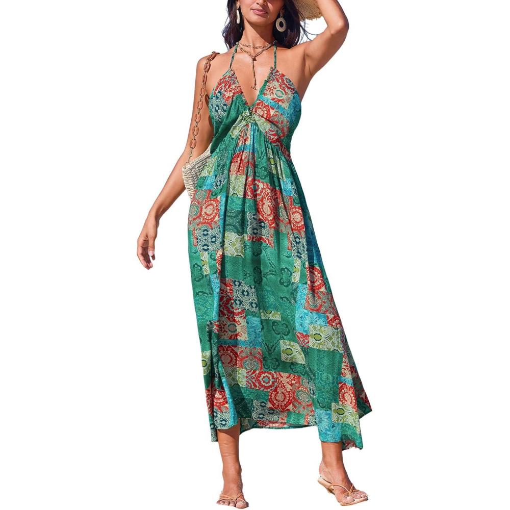 imageCUPSHE Womens Backless Beach Dress Halter Neck Ruffle Plunge V Neck Sleeveless Maxi Sundress Summer DressesGreen Boho
