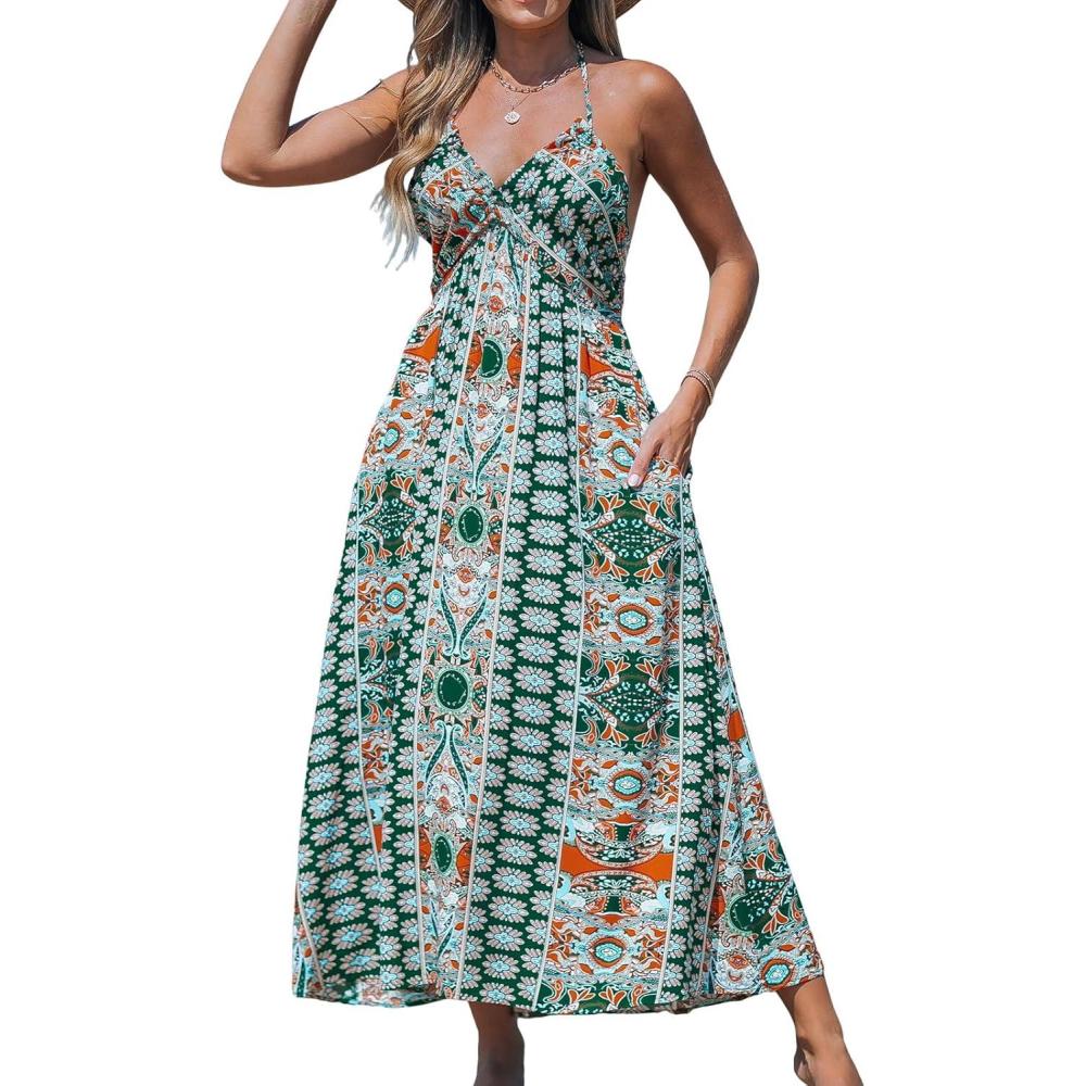 imageCUPSHE Womens Backless Beach Dress Halter Neck Ruffle Plunge V Neck Sleeveless Maxi Sundress Summer DressesGreen Paisley