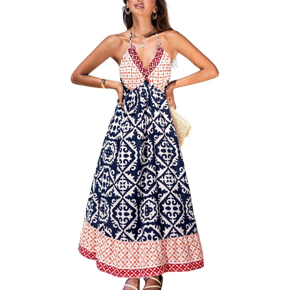 imageCUPSHE Womens Backless Beach Dress Halter Neck Ruffle Plunge V Neck Sleeveless Maxi Sundress Summer DressesNavy Blue Boho