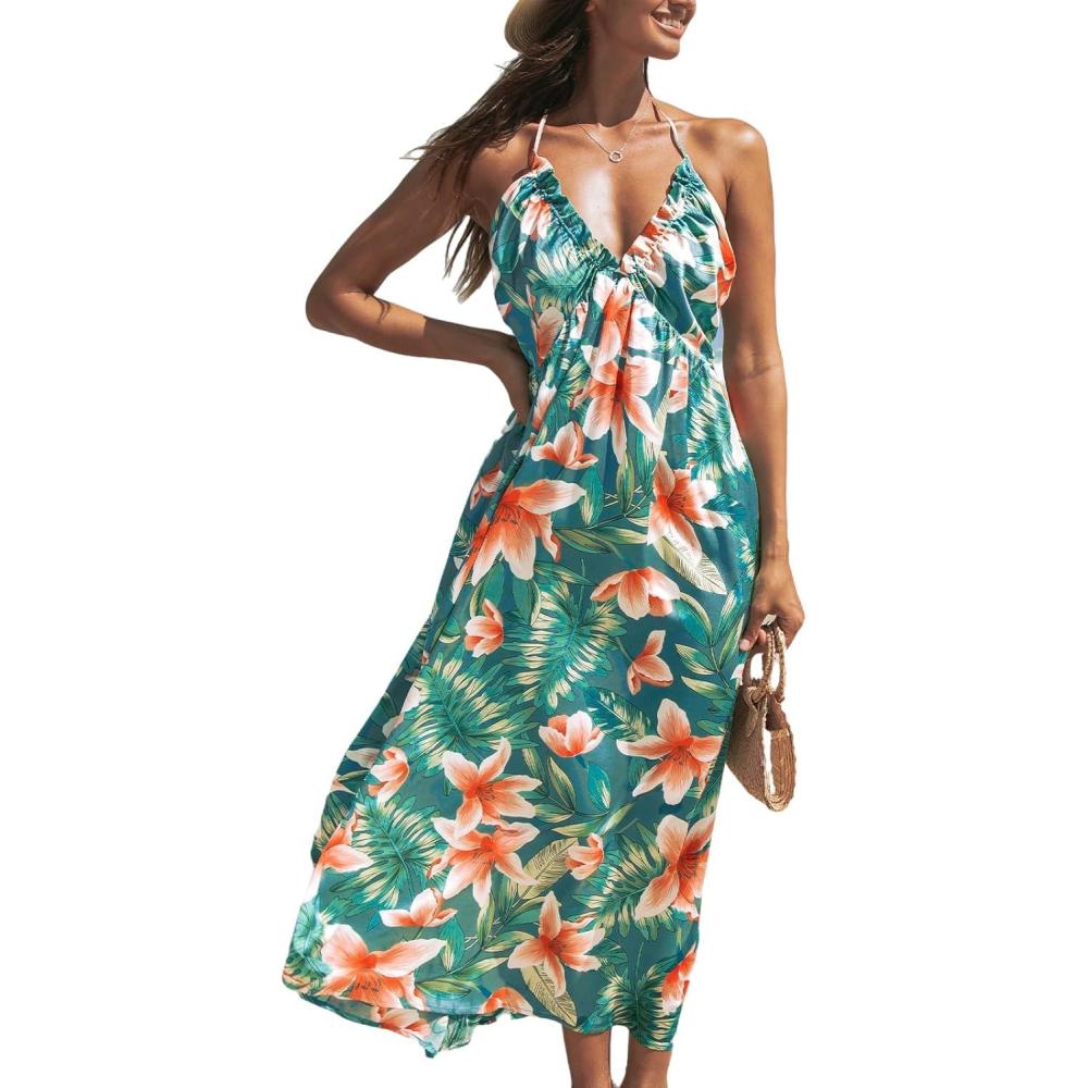 imageCUPSHE Womens Backless Beach Dress Halter Neck Ruffle Plunge V Neck Sleeveless Maxi Sundress Summer DressesTropical Floral Green
