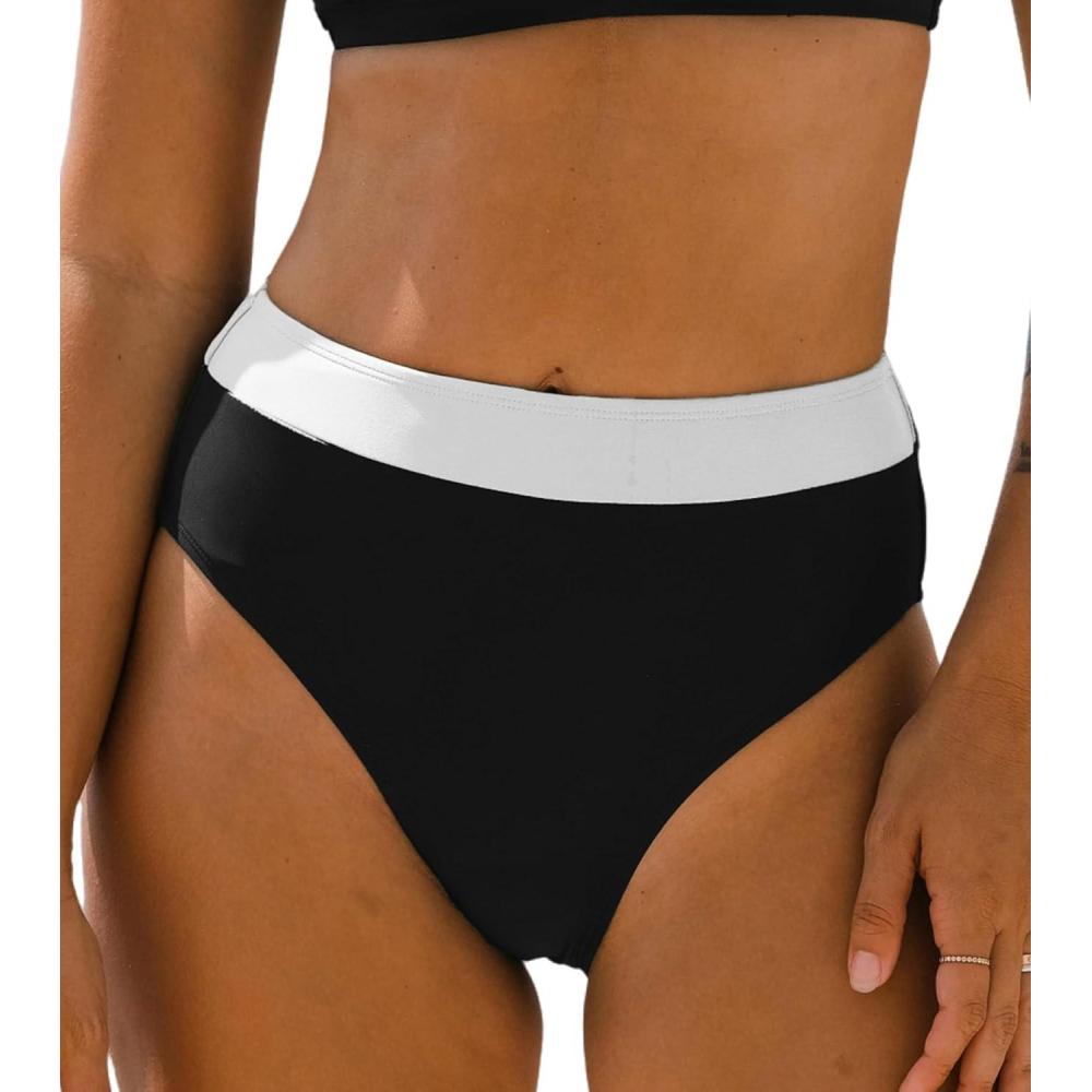 imageCUPSHE Womens Bikini Bottom High Waisted Color Block Swimsuit Bottom Only Full CoverageBlackWhite