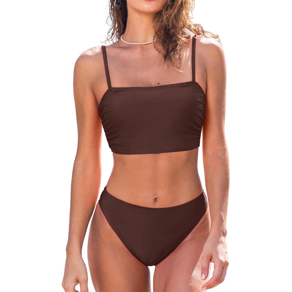 imageCUPSHE Womens Bikini Sets Two Piece Swimsuit Bandeau Top Square Neck Mid Rise Ruched Bathing Suit Spaghetti StrapsChocolate Brown