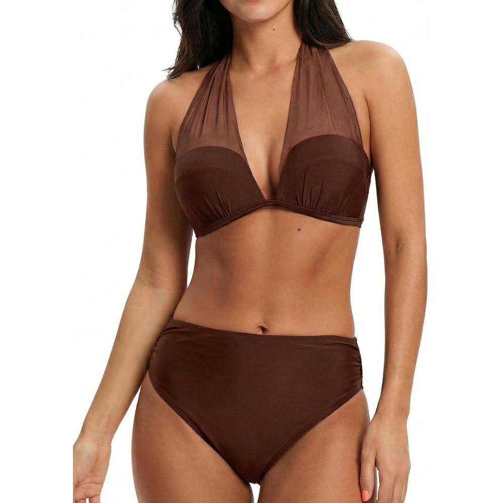 imageCUPSHE Womens Bikini Sets Two Piece Swimsuit High Waisted Bandeau Mesh Halter Tummy Control Back Hook Bathing SuitCoffee Brown