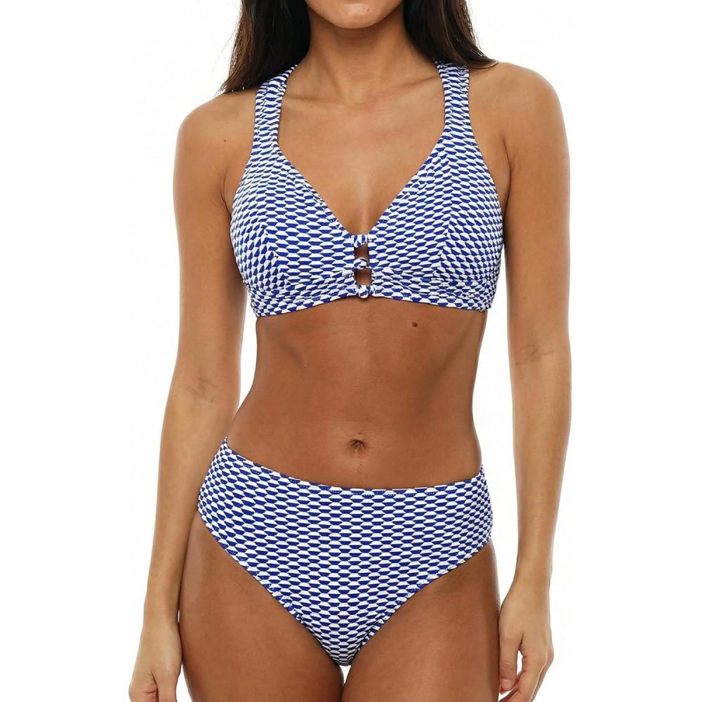 imageCUPSHE Womens Bikini Sets Two Piece Swimsuit Textured Mid Rise Crisscross Back Self Tie Molded CupBlueWhite