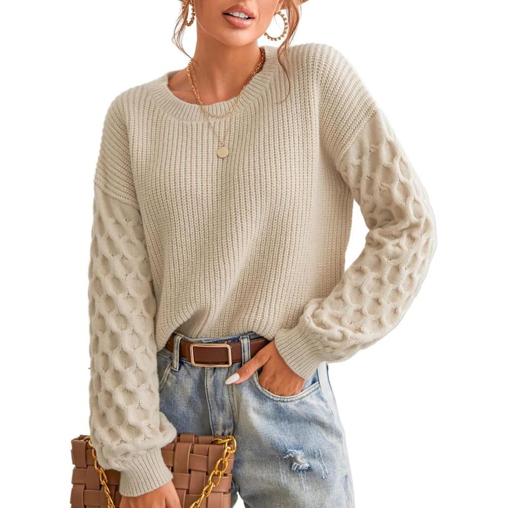 imageCUPSHE Womens Cable Knit Sweater Long Sleeve Crew Neck Sweaters Fall Pullover Sweater TopsBeige