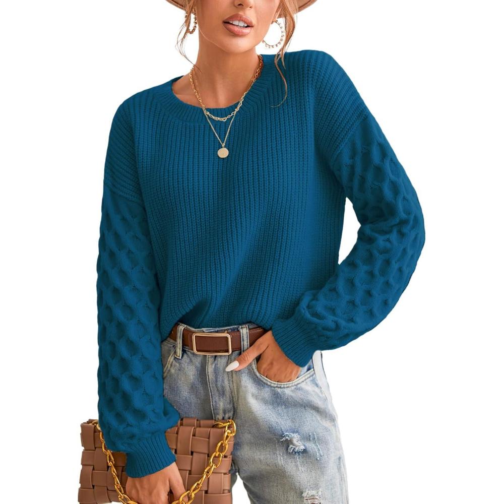 imageCUPSHE Womens Cable Knit Sweater Long Sleeve Crew Neck Sweaters Fall Pullover Sweater TopsBlue
