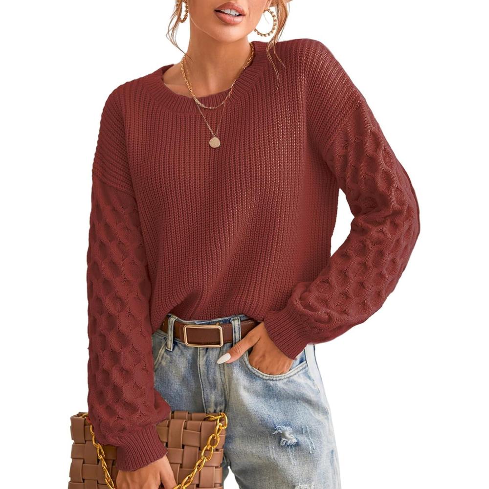 imageCUPSHE Womens Cable Knit Sweater Long Sleeve Crew Neck Sweaters Fall Pullover Sweater TopsBrick Red