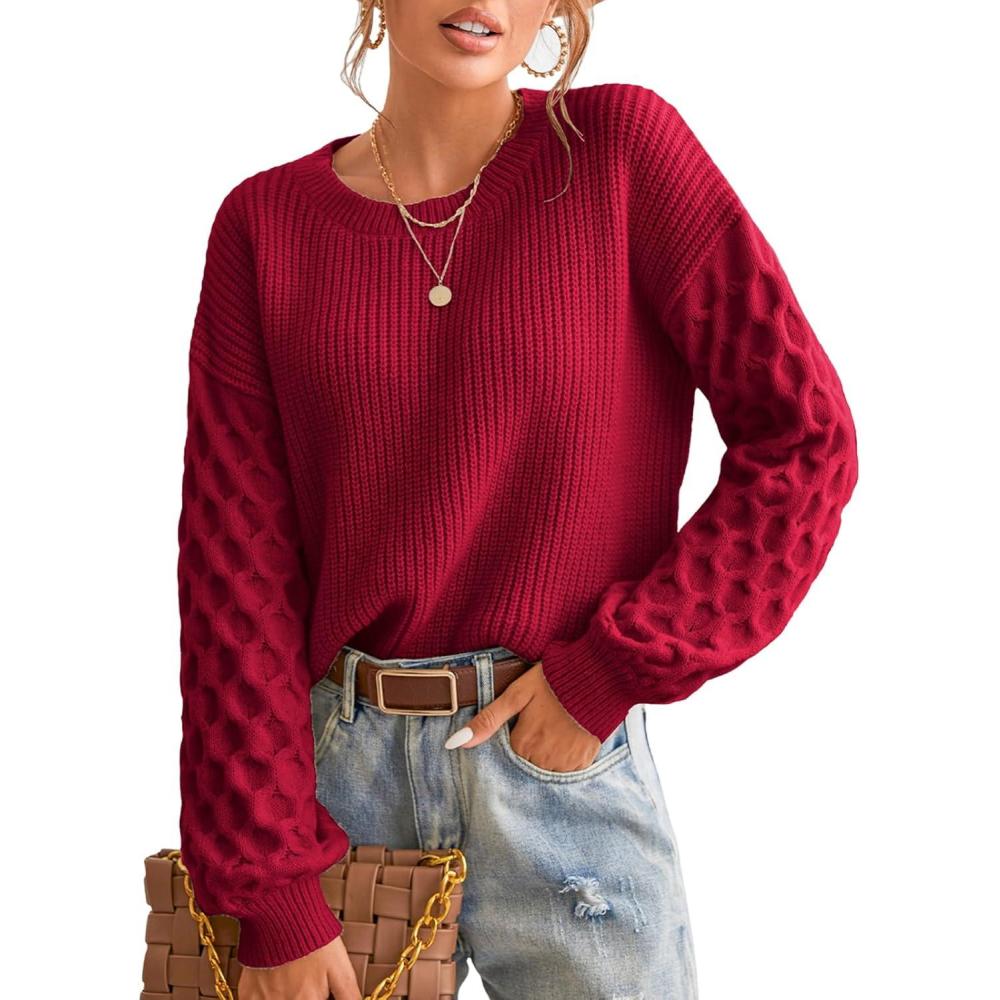 imageCUPSHE Womens Cable Knit Sweater Long Sleeve Crew Neck Sweaters Fall Pullover Sweater TopsDark Red