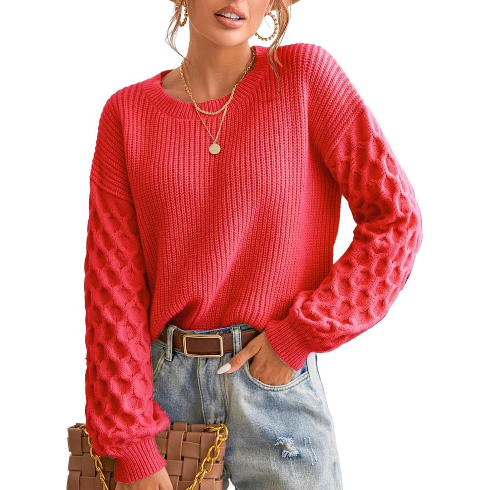 imageCUPSHE Womens Cable Knit Sweater Long Sleeve Crew Neck Sweaters Fall Pullover Sweater TopsRed