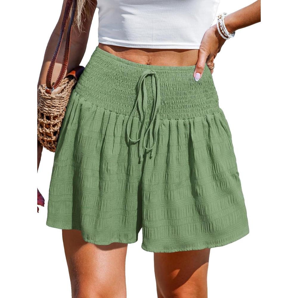 imageCUPSHE Womens Casual Shorts Smocked High Rise Bathing Suit Cover Up Wide Leg Beach Summer ShortsGreen