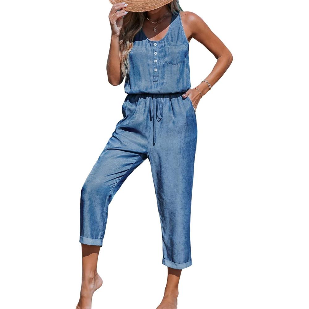 imageCUPSHE Womens Casual Sleeveless Scoop Neck Button Down Overalls With PocketsBlue