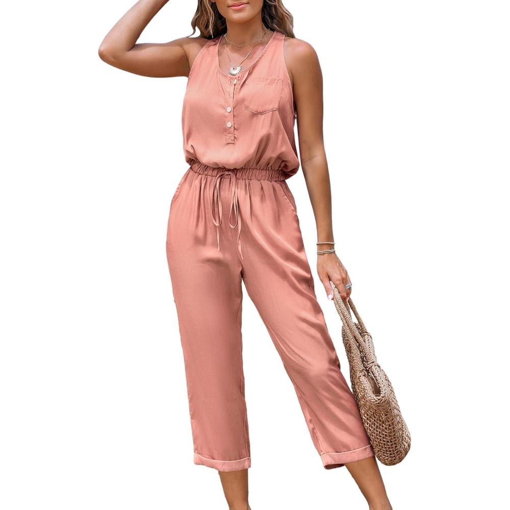 imageCUPSHE Womens Casual Sleeveless Scoop Neck Button Down Overalls With PocketsPink