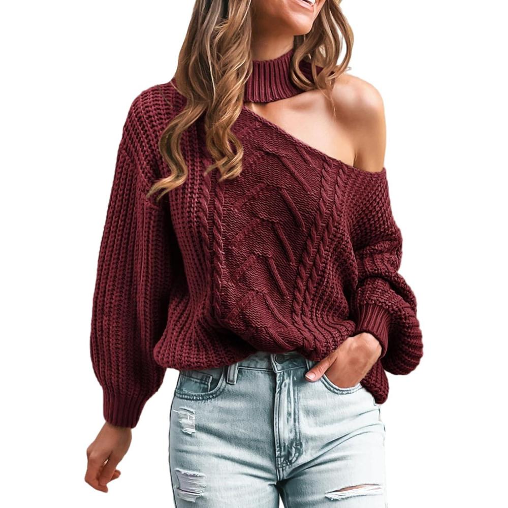 imageCUPSHE Womens Cold Shoulder Sweaters Long Sleeve Mock Neck Casual Lightweight Pullover Sweater TopsBurgundy