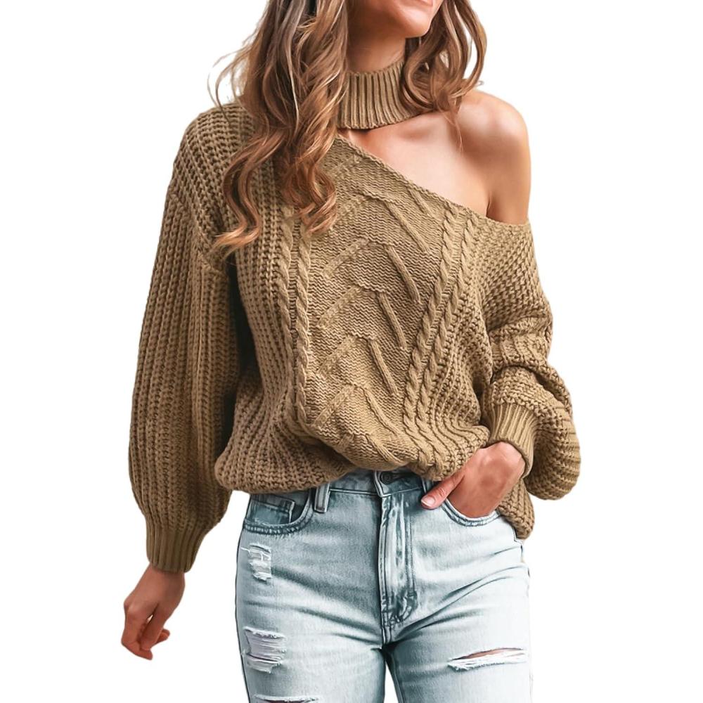 imageCUPSHE Womens Cold Shoulder Sweaters Long Sleeve Mock Neck Casual Lightweight Pullover Sweater TopsSand