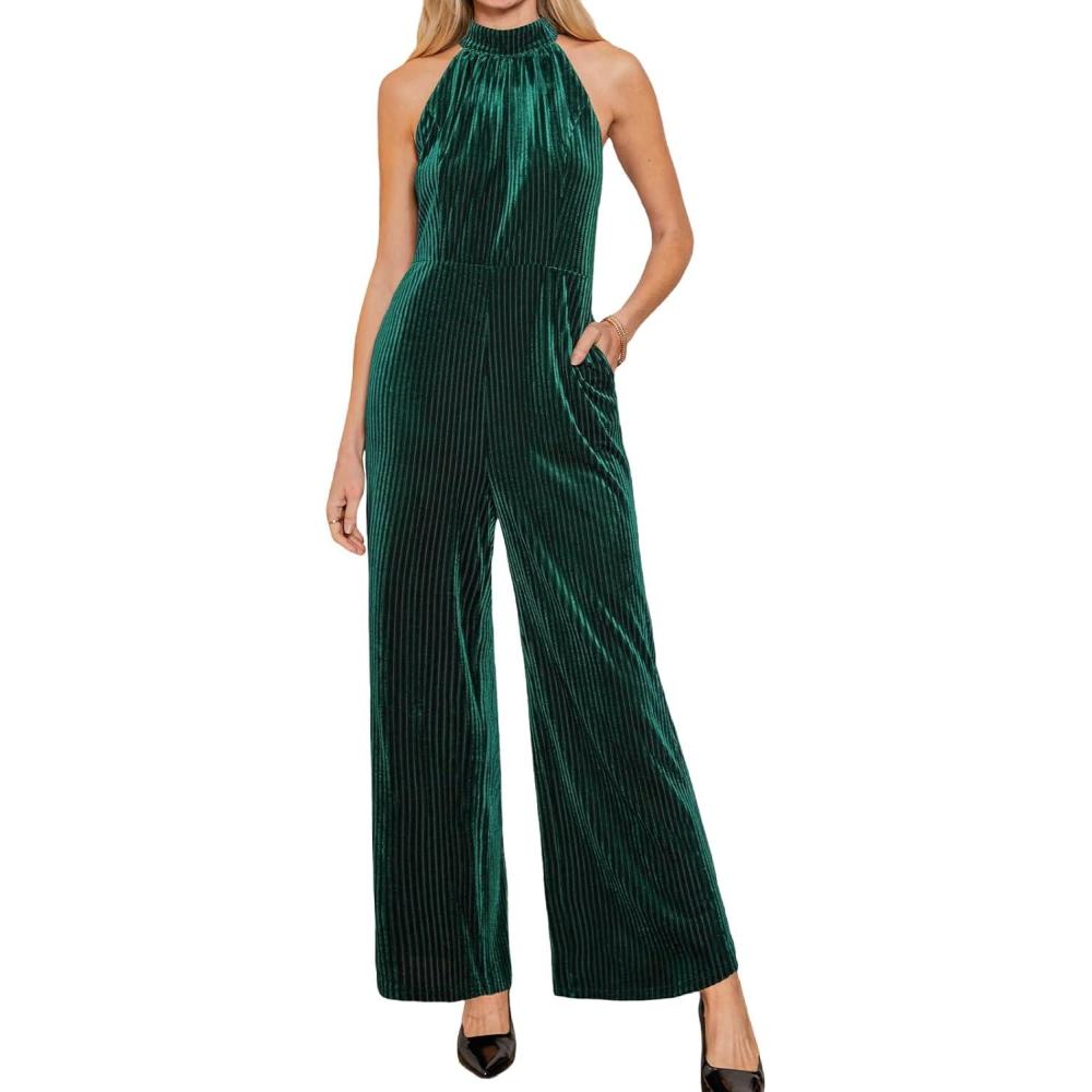 imageCUPSHE Womens Corduroy Jumpsuit Halter Neck Sleeveless Straight Leg Rompers High Waist Party Dressy Jumpsuits 2025Green