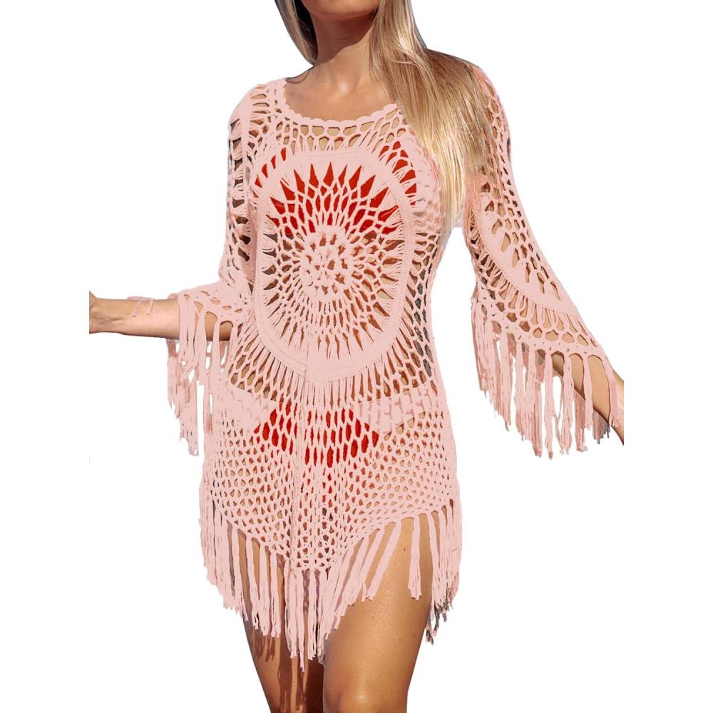 imageCUPSHE Womens Cover Up Crochet Poncho Swimsuit Tassel Dresses Hollow Out SXXL 2025Pink