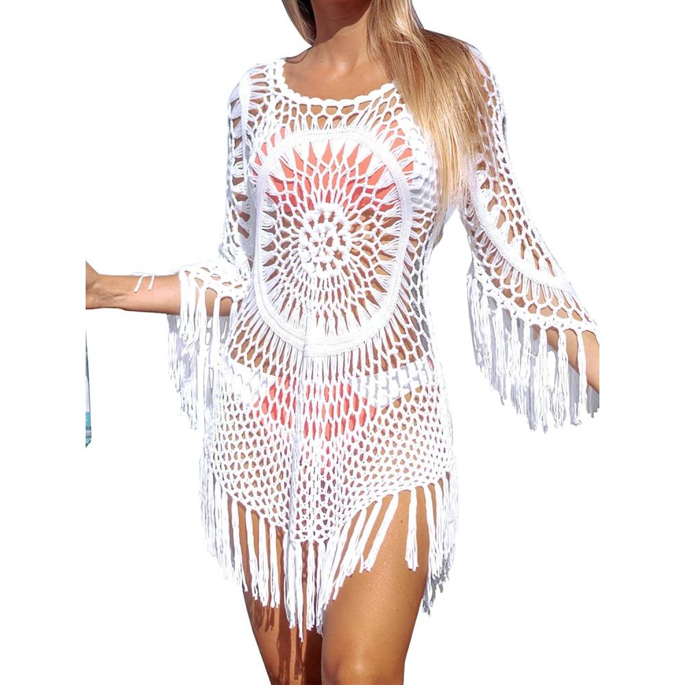 imageCUPSHE Womens Cover Up Crochet Poncho Swimsuit Tassel Dresses Hollow Out SXXL 2025White