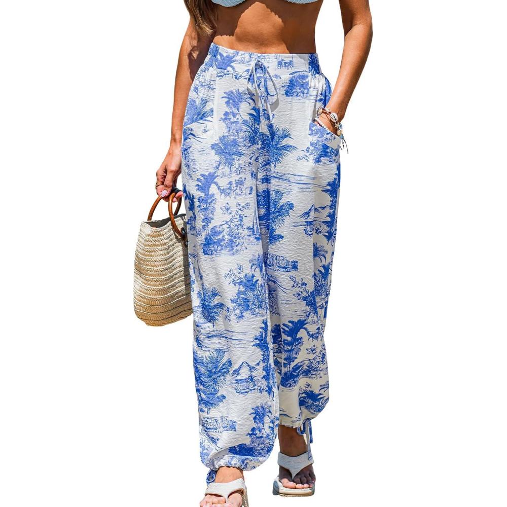 imageCUPSHE Womens Cover up Boho Floral Print Sarong Pants High Waist Wrap CoverUp PantBlue