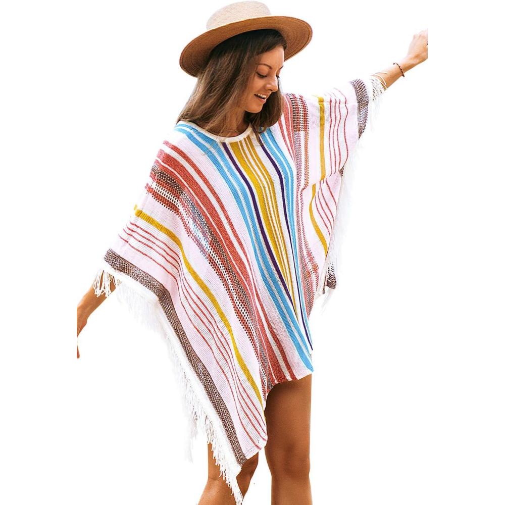 imageCUPSHE Womens Crochet Beach Bikini Cover Up Colorful Strip Tassels V Neck Drop Shoulde 34 Sleeve Loose Waisted Mini LengthRed
