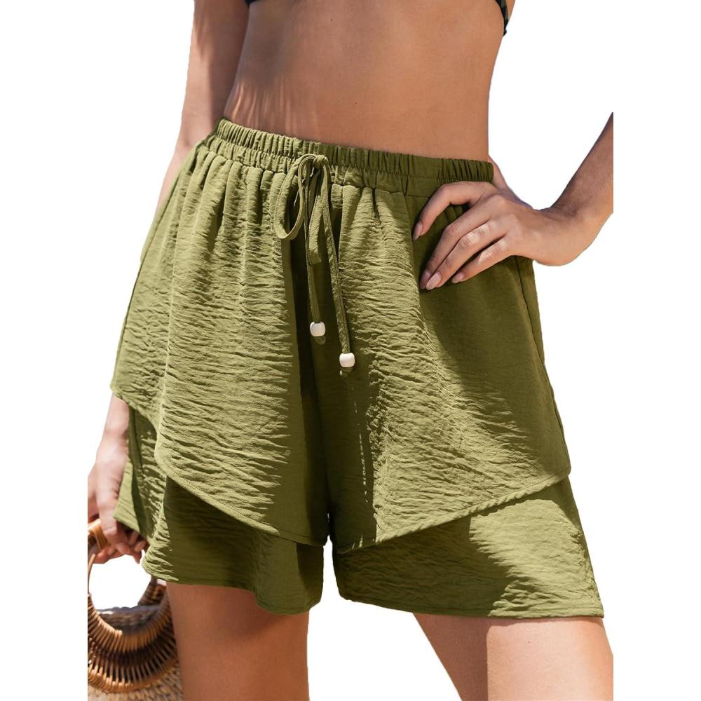 imageCUPSHE Womens Double Layer Beach Shorts Ruffle Casual Cover Up BottomsGreen