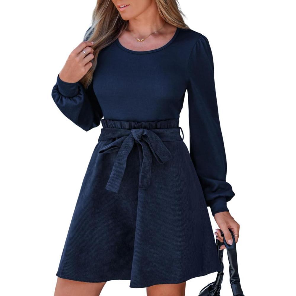 imageCUPSHE Womens Fall Dresses Corduroy Belted Tie Waist Long Sleeve Round Neck Casual A Line Mini DressBlue