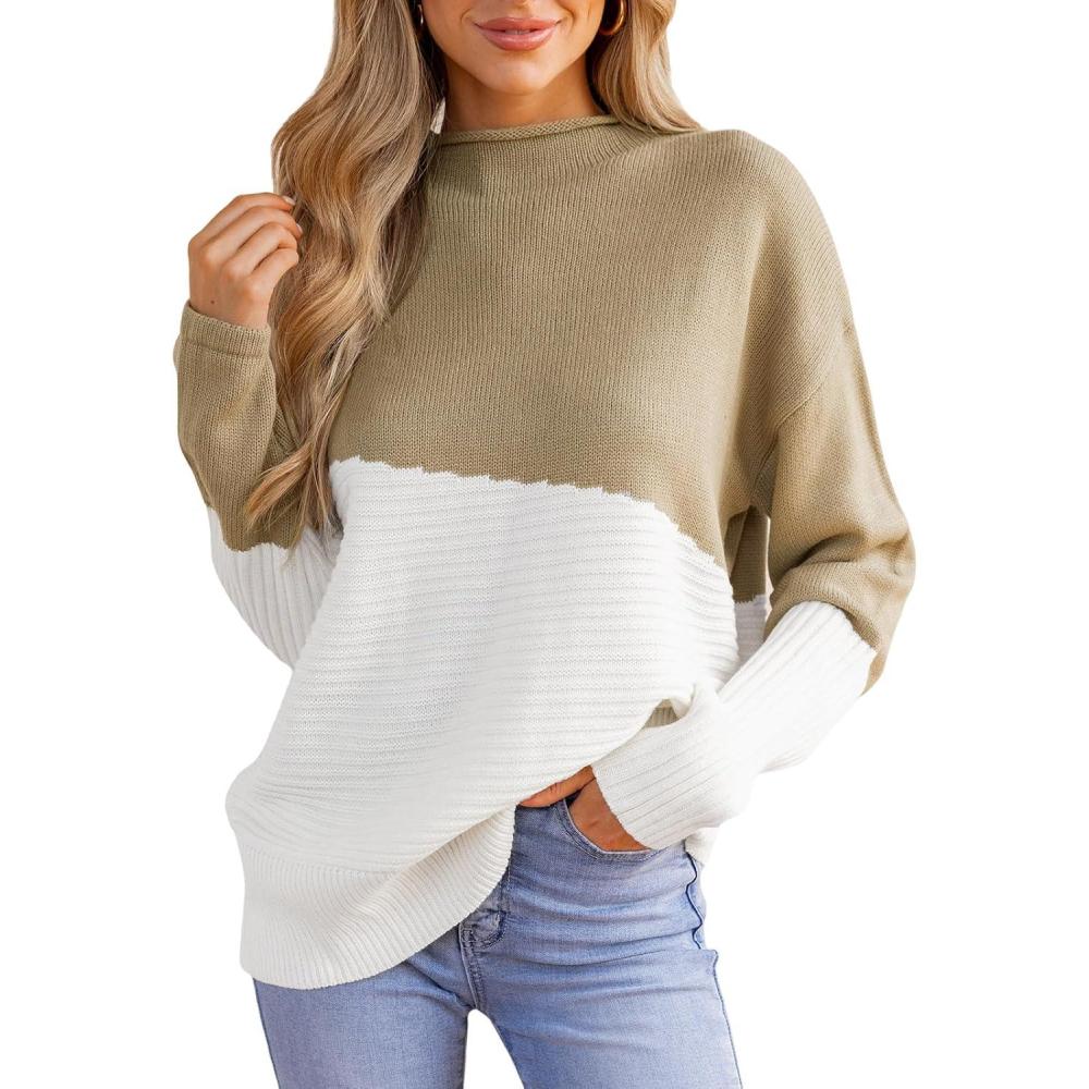 imageCUPSHE Womens Fall Long Sleeve Mock Neck Sweaters Colorblock Oversized Long Sleeve Knit Pullover Jumper TopsKhaki