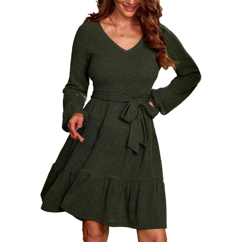 imageCUPSHE Womens Fall Sweater Dress Long Sleeve V Neck Waist Tie Casual Ruffle Mini DressGreen