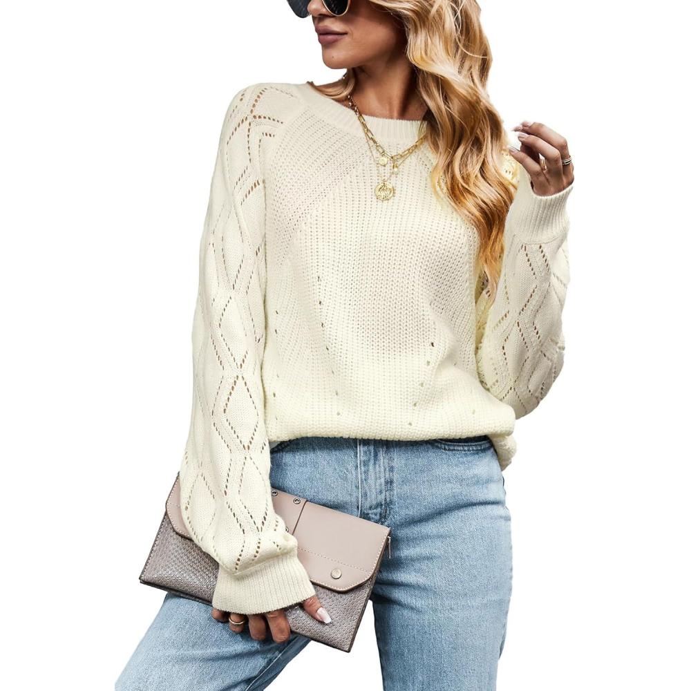 imageCUPSHE Womens Fall Sweater Long Sleeve Crewneck Knit Lightweight Pullover Sweater TopWhite