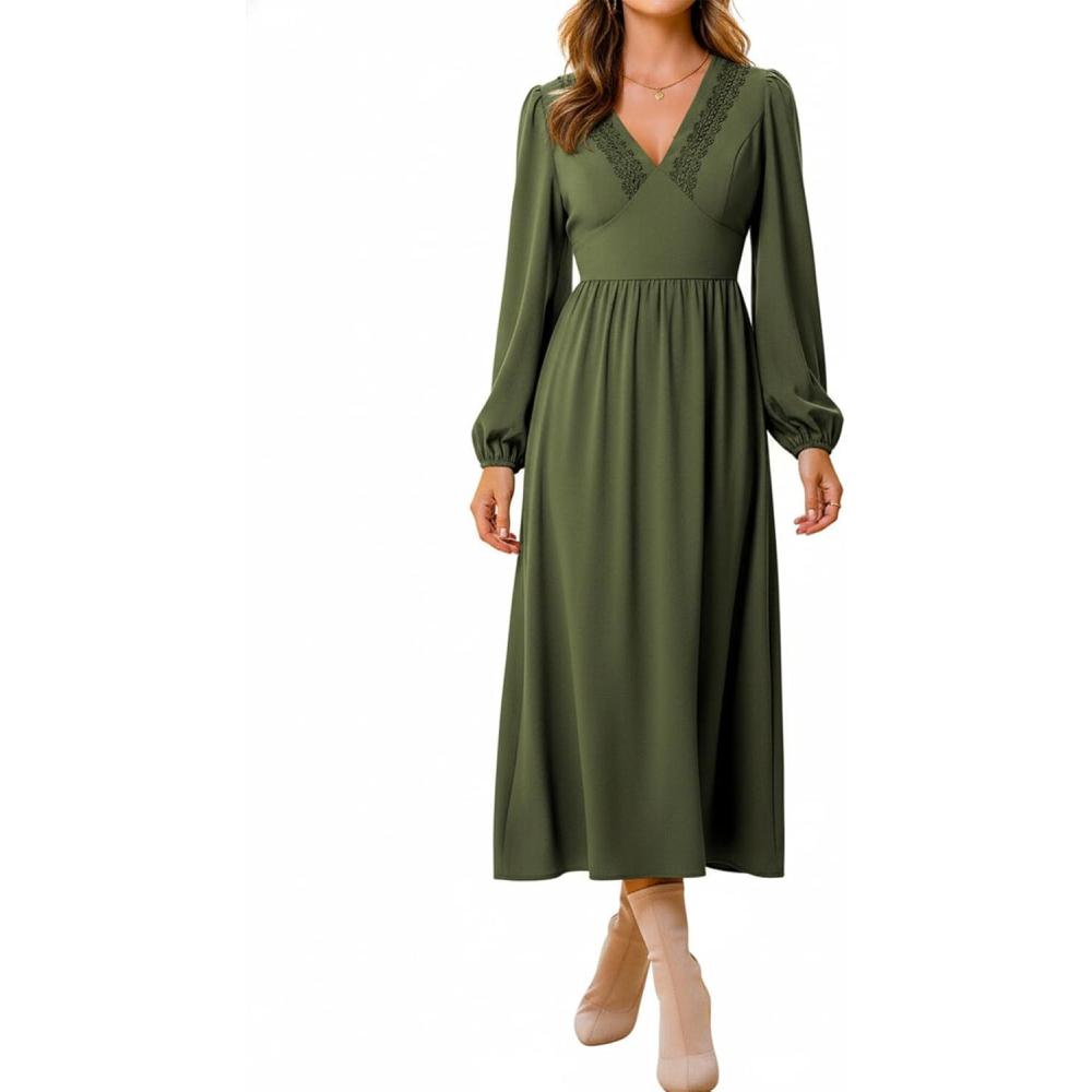 imageCUPSHE Womens Fall Wedding Guest Dress Long Sleeve V Neck Maxi Dress Smocked Waist Long Flowy Midi DressesGreen