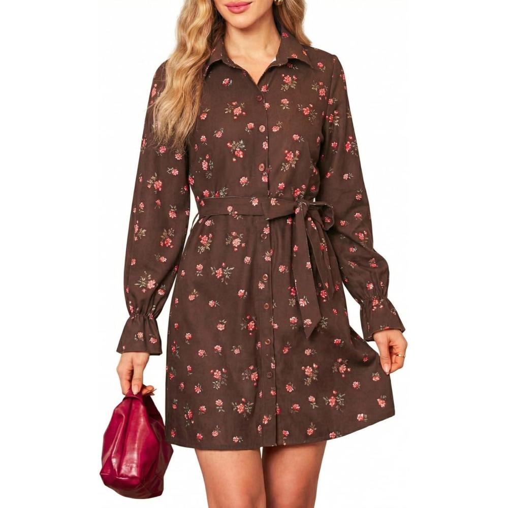 imageCUPSHE Womens Fall Winter Corduroy Dress Collar Button Down Shirt Dress Floral Long Sleeve Mini Belted DressesBrown