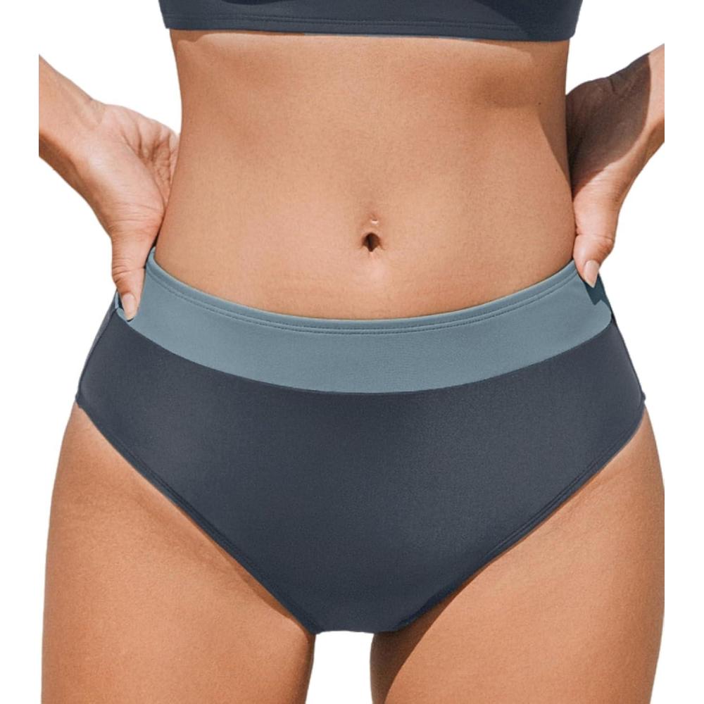 imageCUPSHE Womens High Waisted Bikini Bottom Color Block Bathing SuitDark TealDark Grey