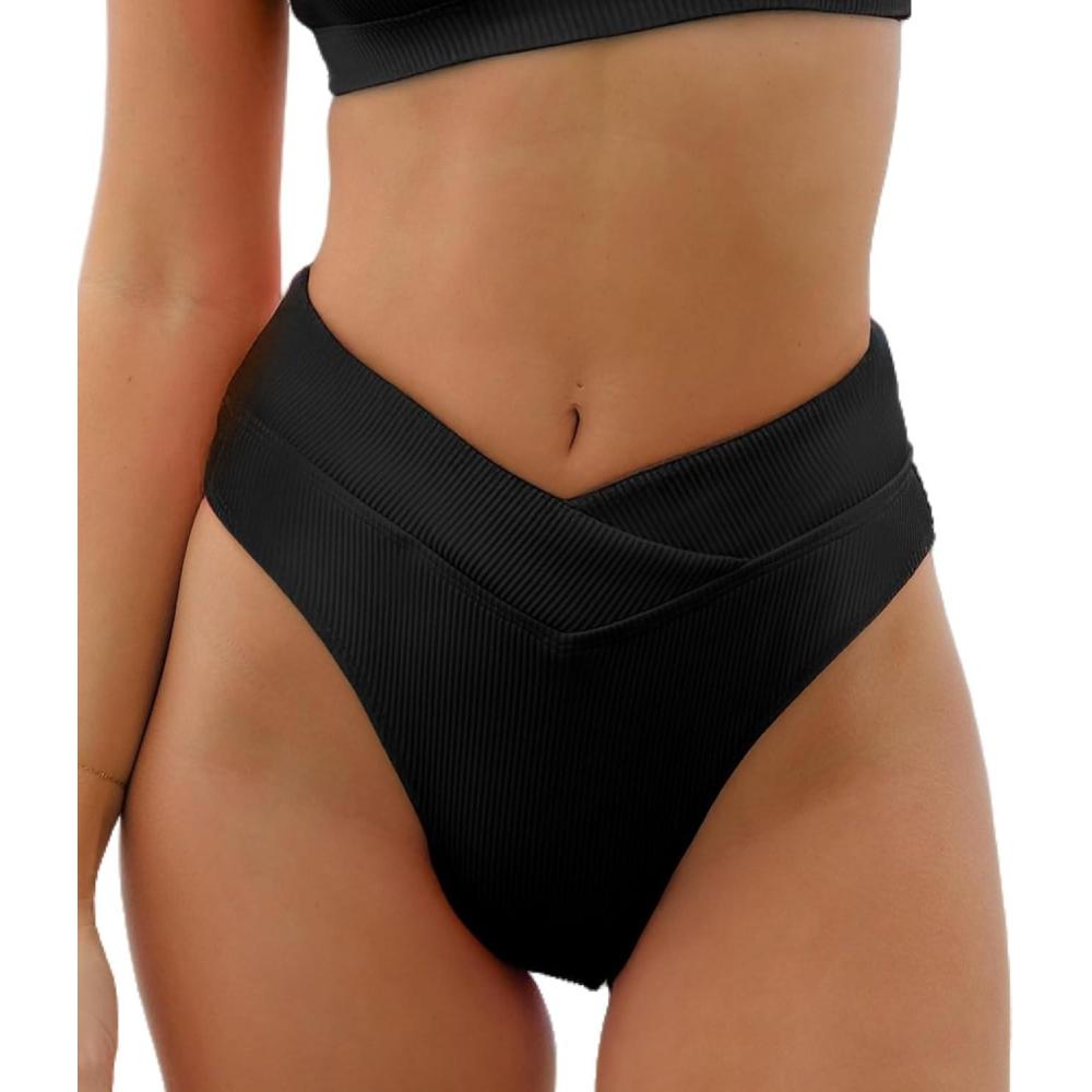 imageCUPSHE Womens High Waisted Bikini Bottom Swimsuit Sexy High Cut Cheeky Ribbed Swim Bottom OnlyBlack