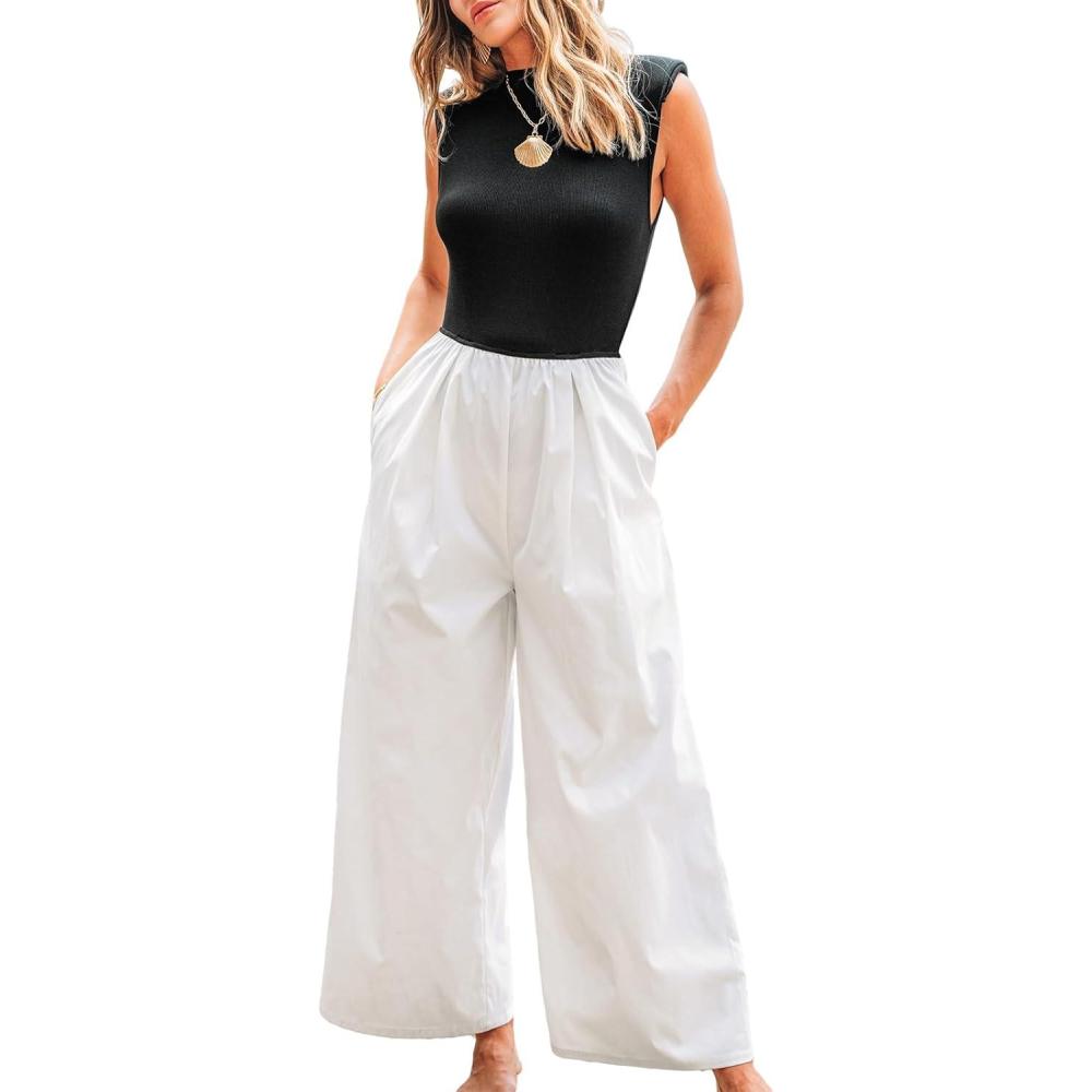 imageCUPSHE Womens Jumpsuit Mock Neck Sleeveless High Waist Wide Leg Pants One Piece Casual Summer Outfits Romper 2025Blackwhite