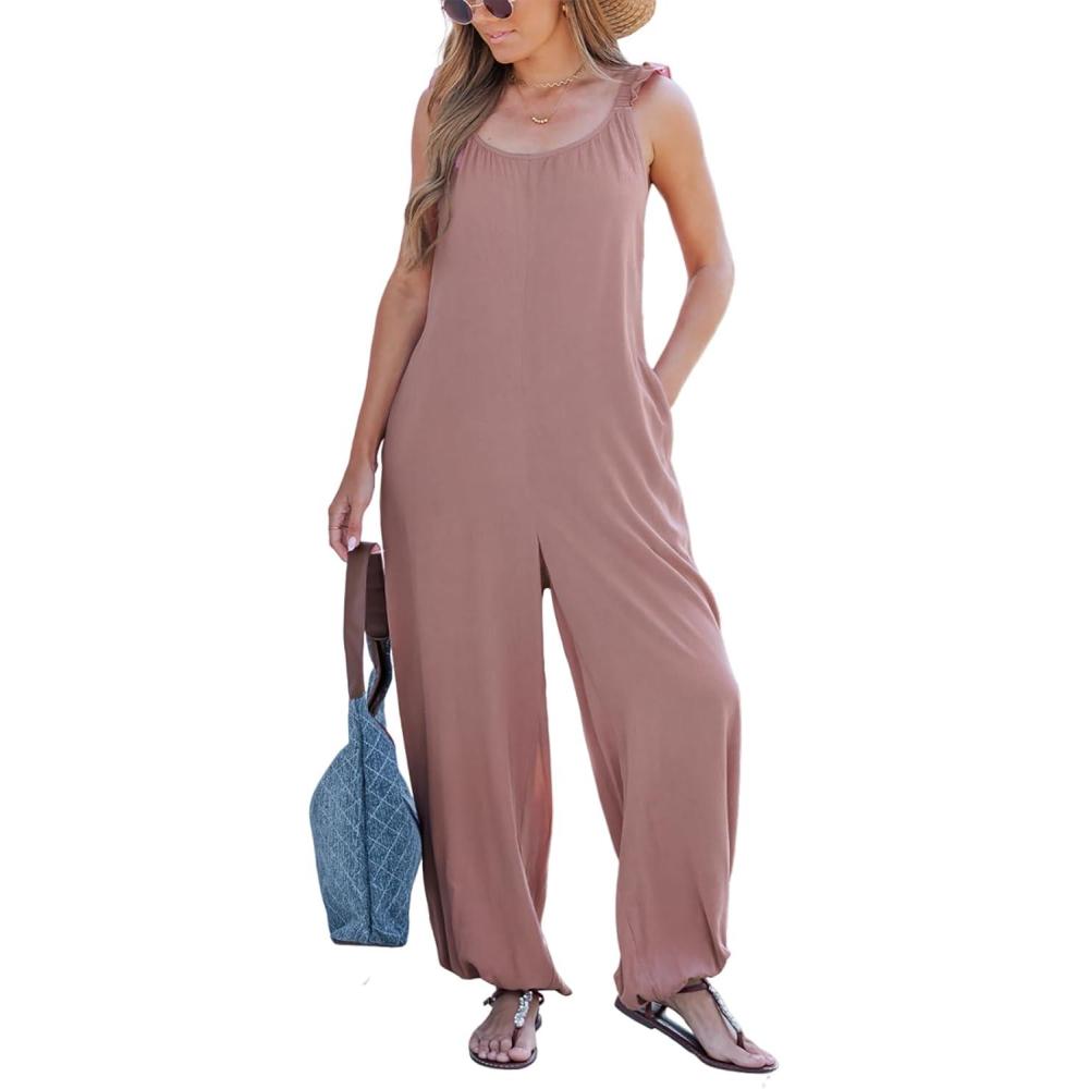 imageCUPSHE Womens Jumpsuit Sleeveless Ruffle Strap Loose Fit Casual Wide Leg One Piece Romper ElasticPink