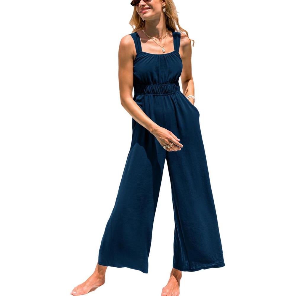 imageCUPSHE Womens Jumpsuit Square Neck Sleeveless Elasticized Waist Wide Leg Romper Casual VacationNavy