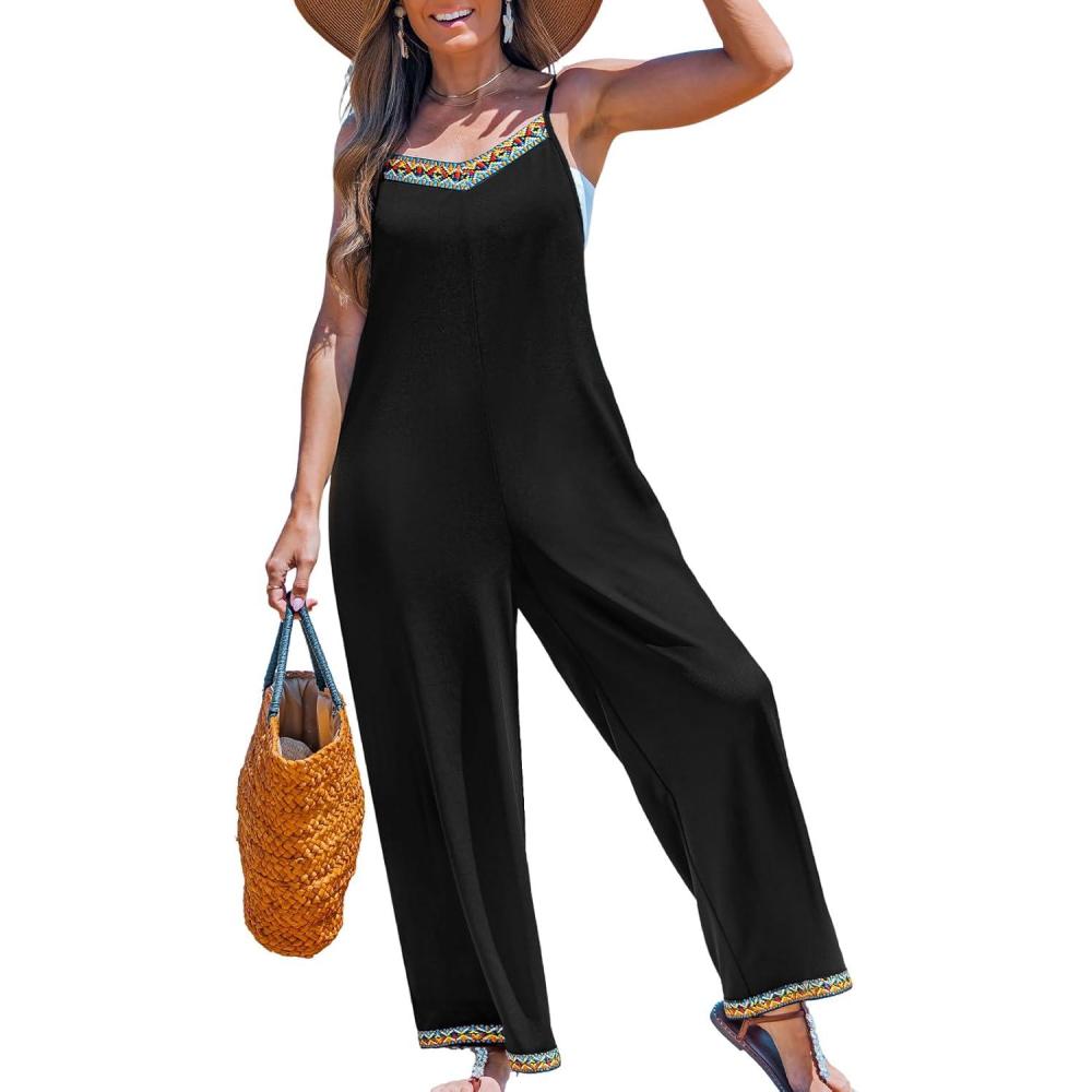 imageCUPSHE Womens Jumpsuit V Neck Sleeveless High Waist Wide Leg Pants One Piece Dressy Summer Outfits RomperBlack