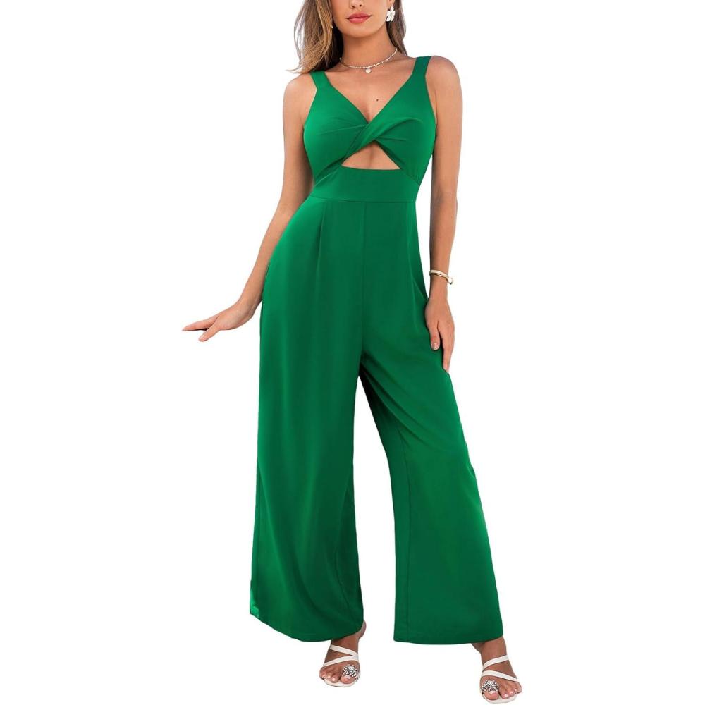 imageCUPSHE Womens Jumpsuit V Neck Solid Wide Leg Pants Cutout Sleeveless High Waist Casual Summer Outfits Romper 2025Green