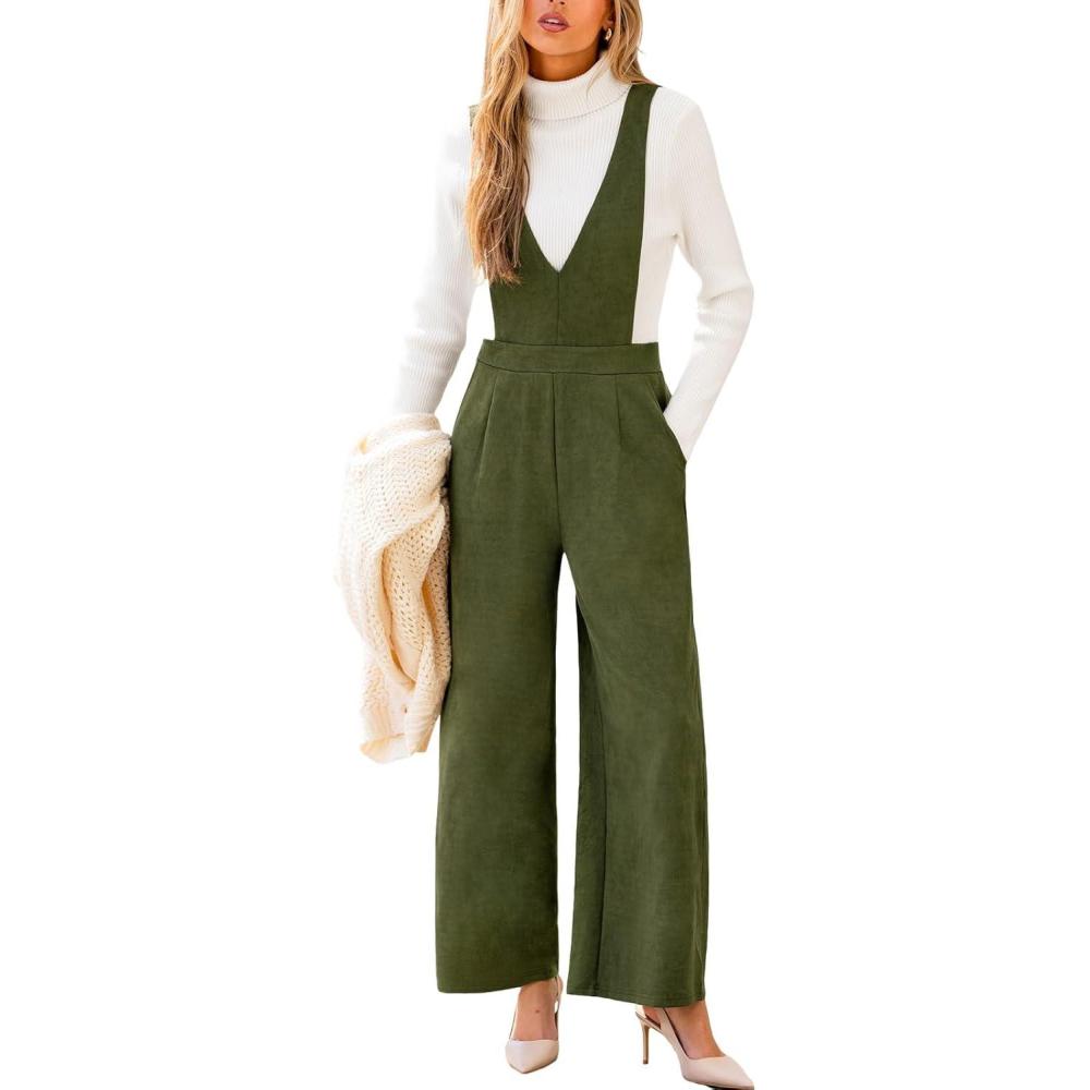 imageCUPSHE Womens Jumpsuits Casual V Neck Sleeveless Wide Leg Loose Fit One Piece Jumpsuit with PocketsGreen