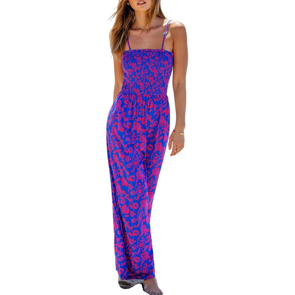 imageCUPSHE Womens Jumpsuits Floral Square Neck Smocked Bodice Jumpsuit Sleeveless Overall Straight Leg Outfit CasualPurple