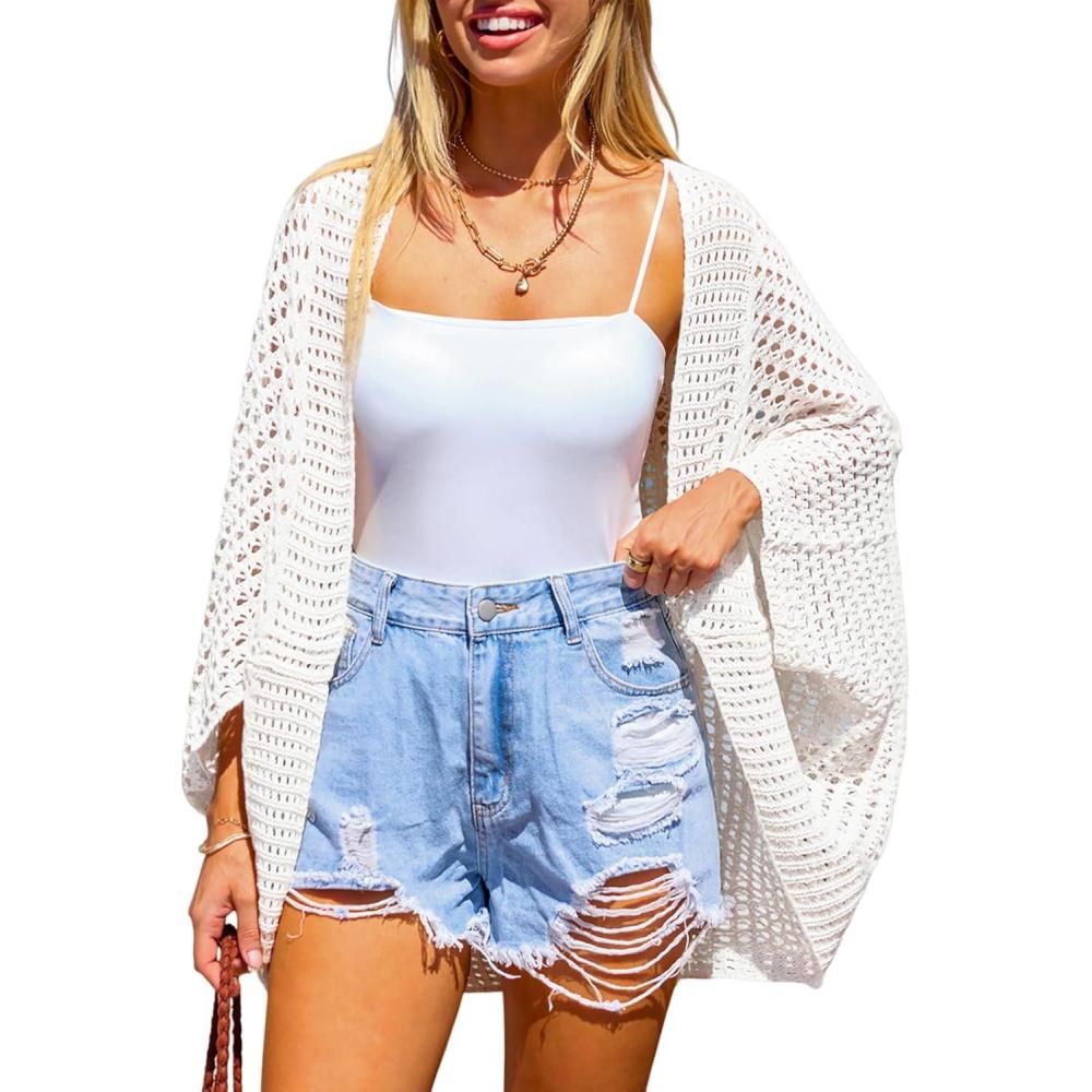 imageCUPSHE Womens Knit Open Front Long Dolman Sleeves Beach Crocheted CoverUp VacationWhite