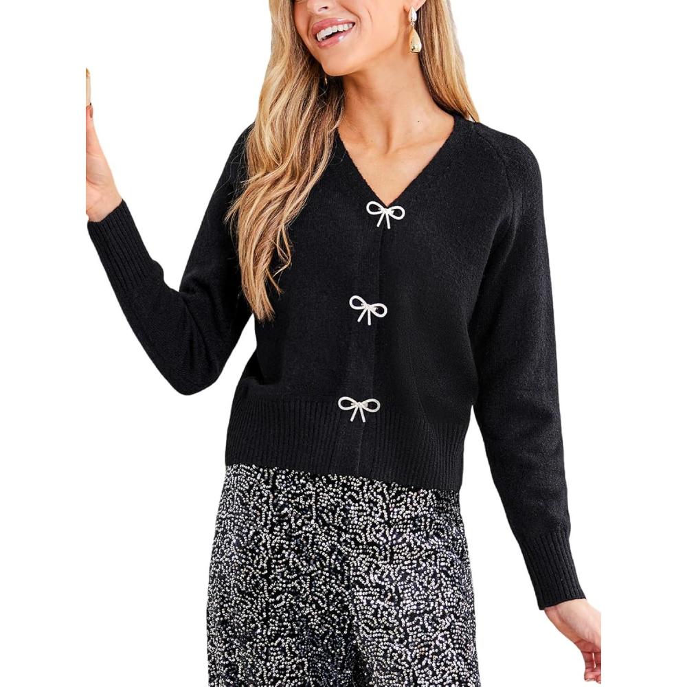 imageCUPSHE Womens Long Sleeve Bow Knit Cardigan V Neck Lightweight Open Front Sweater Fall Winter Casual Sweater TopBlack