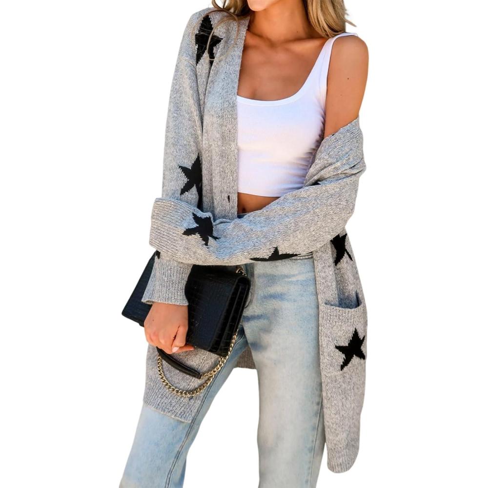 imageCUPSHE Womens Long Sleeve Cardigan Sweater Knit Button Down Open Front Sweater Coat Star Print Outwear with PocketsGrey