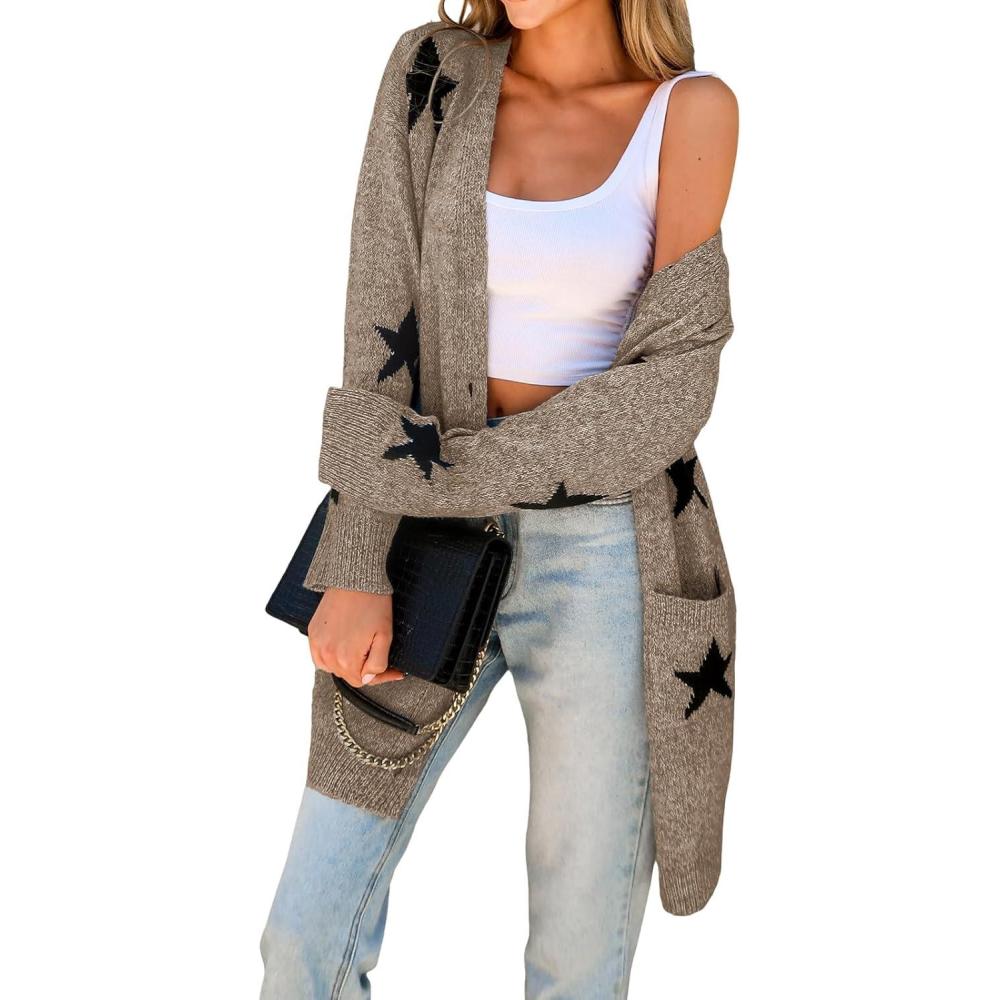 imageCUPSHE Womens Long Sleeve Cardigan Sweater Knit Button Down Open Front Sweater Coat Star Print Outwear with PocketsKhaki
