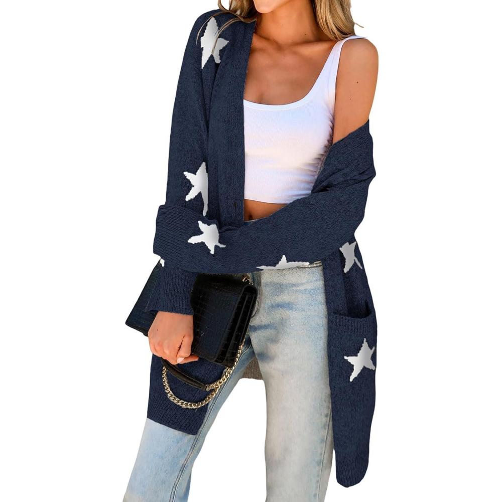 imageCUPSHE Womens Long Sleeve Cardigan Sweater Knit Button Down Open Front Sweater Coat Star Print Outwear with PocketsNavy